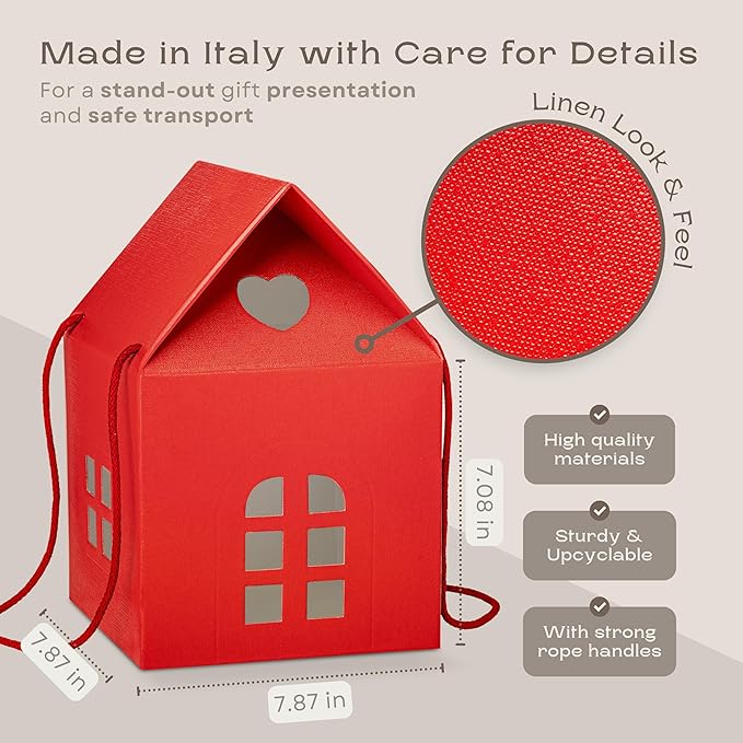 Pack of 5 House Shaped Gift Boxes (7.87 x 7.87 x 7.08 inch) - Mansion Ideal for Christmas and for Treats - Red Linen