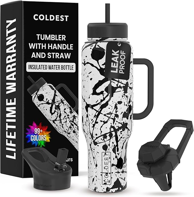 Coldest 40 oz Tumbler with Handle and Straw - 100% Leak Proof Insulated Tumbler with Lid and Straw (3 Lids) - Stainless Steel Tumblers for Women & Men - Cup Holder Friendly Base, 46 oz (Dark Matter)