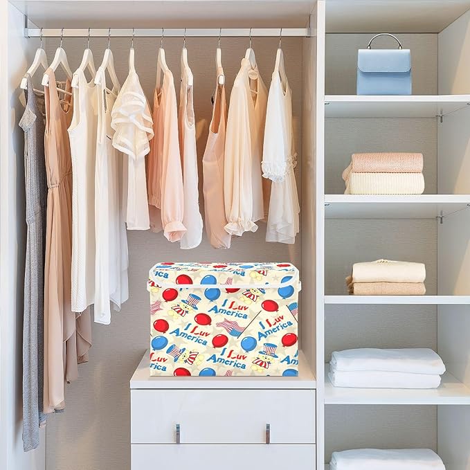 susiyo Classical American Pattern fabric storage baskets with lids,Collapsible Storage Boxes,Foldable storage boxes with handles for Home,Office,Closet Organization