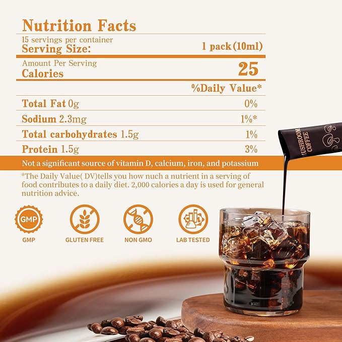 Mushroom Coffee Concentrate, Cold Brew With 5 Mushrooms, 15 Liquid Packets | Lion's Mane, Reishi, Maitake, Turkey Tail, Cordyceps, 100% Arabica Coffee Bean Extract