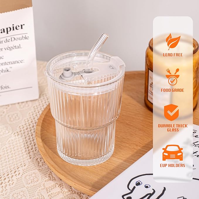 13oz/400ML Glass Tumbler with Straw and Lid Ribbed Vertical Ice Coffee Cups Sealed Carry on for Coffee Iced Tea, Thick Wall Glassware Tumbler Water Glass (Clear 1pc)