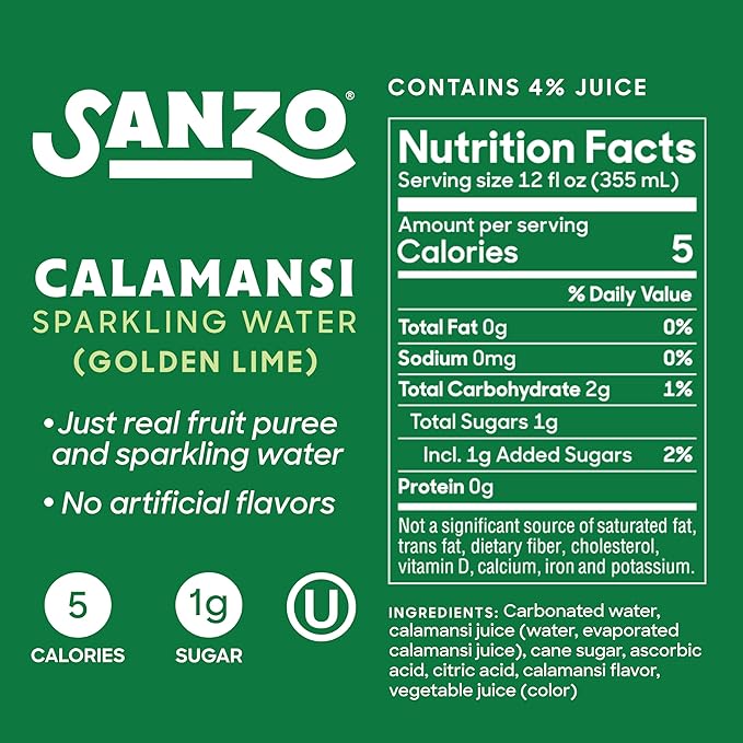 Sanzo Flavored Sparkling Water - Golden Lime Seltzer (Calamansi) - Low Calorie Low Sugar Soda - Craft Asian Drinks - Vegan Gluten Free Carbonated Flavored Water - Fizzy Healthy Drinks - 12oz, 12 Pack