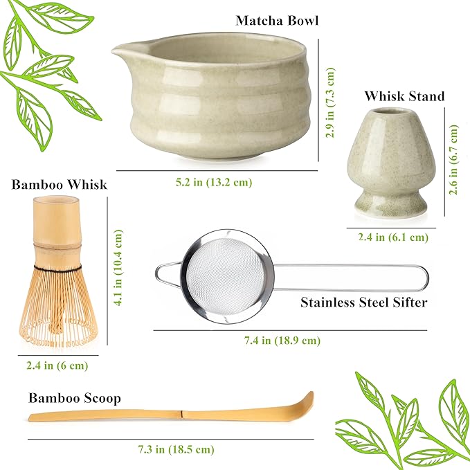 Marce Matcha Whisk Set- Matcha Set includes Matcha Whisk and Bowl (Bowl with Spout), Sifter, Holder and Scoop- The Perfect Bamboo Whisk for Matcha Tea (Molted Green)