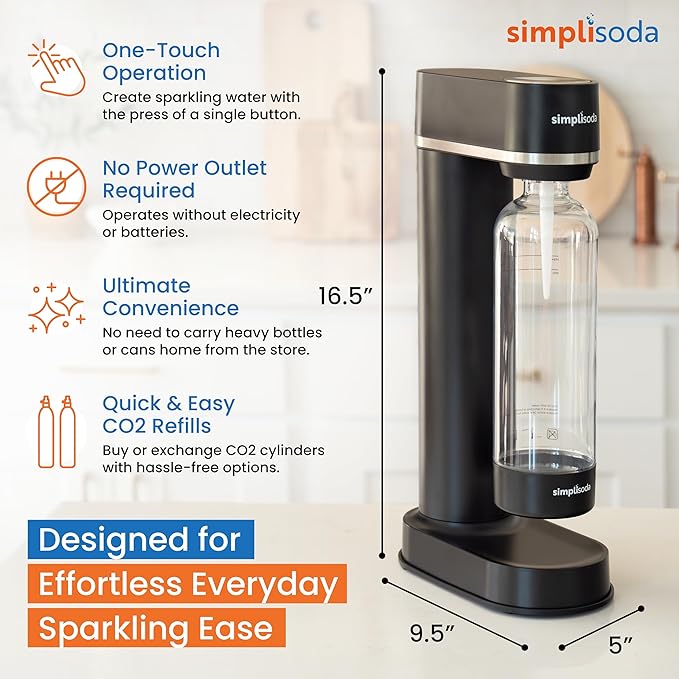 BLÜ Sparkling Water Maker, Premium Soda Streaming Machine, Carbonated Water Machine and Soda Maker - Black (Machine + 2 CO2 Cylinders)