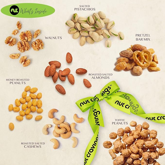 NUT CRAVINGS - Thanksgiving Mixed Nuts Gift Basket + Green Ribbon (7 Assortments, 1 LB) Holiday Xmas Christmas Food Arrangement, Healthy Snack Care Package, Food Assortments