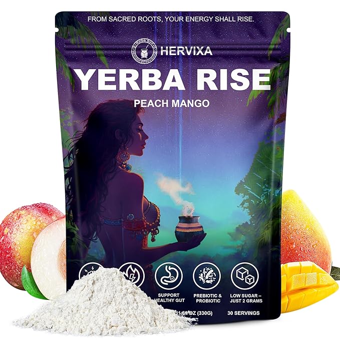 Yerba Mate Peach Mango Energy Tea Powder – Clean Plant-Based Focus Drink with Probiotics & Adaptogens – Low Sugar, No Crash, Smooth Taste – 30 Refreshing Servings