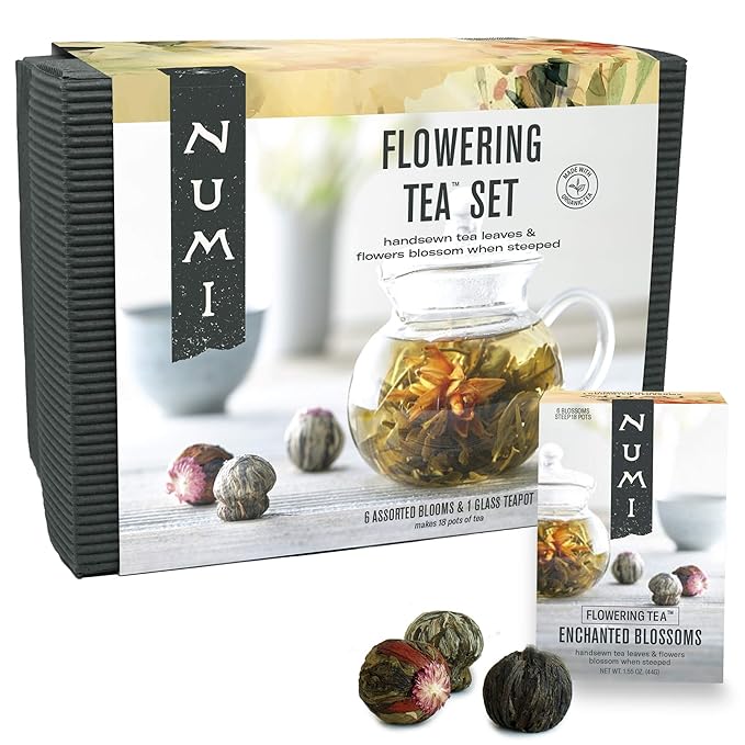 Numi Organic Tea Flowering Tea Gift Set, 6 Tea Blossoms with 16 Ounce Glass Teapot in Elegant Bamboo Case (Packaging May Vary)