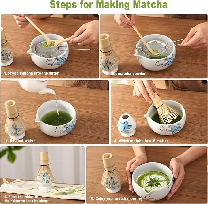 Matcha Whisk Set Cute,8pcs Matcha Set Whisk And Bowl,Matcha Kit Set With Bamboo Whisk,Ceramic Matcha Bowl,Sifter,Scoop,Holder,Towel,Stand,Spoon,Unique Gift for Japanese Matcha Tea Lover