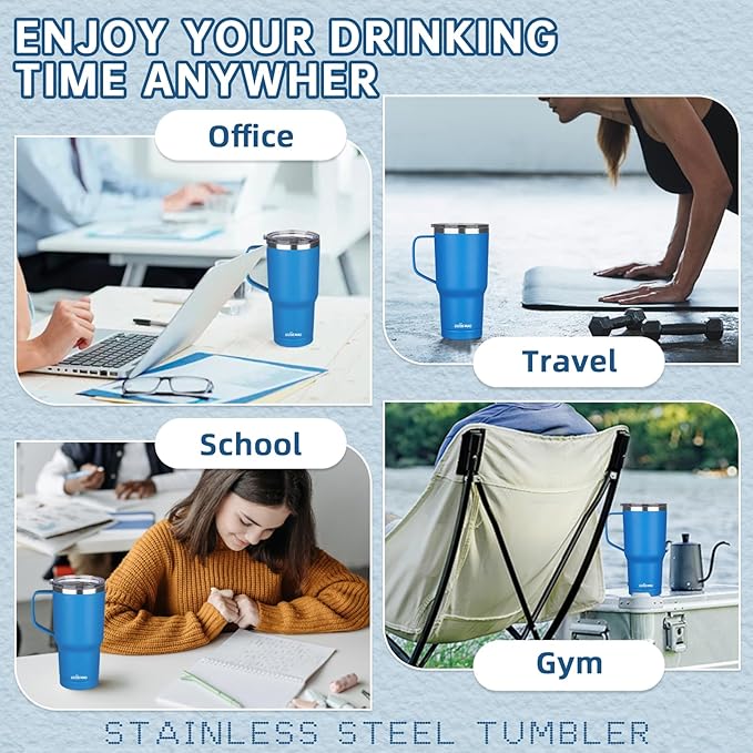 20 oz Insulated Coffee Mug with Ceramic Coating, Stainless Steel Travel Mug Tumbler with Handle Lid and Straw, Double Wall Leak-Proof Coffee Travel Mug Keeps Drink Hot and Cold (Blue)