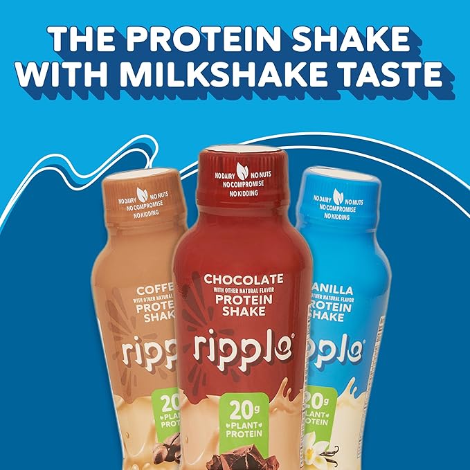 Ripple Plant Based Protein Shake Variety Pack | 20g of Quality Sourced Pea Protein, Calcium Rich | Shelf Stable | Vegan & Non GMO | Dairy, Soy, Nut, & Gluten Free | 12 Fl Oz Bottles (Pack of 12)