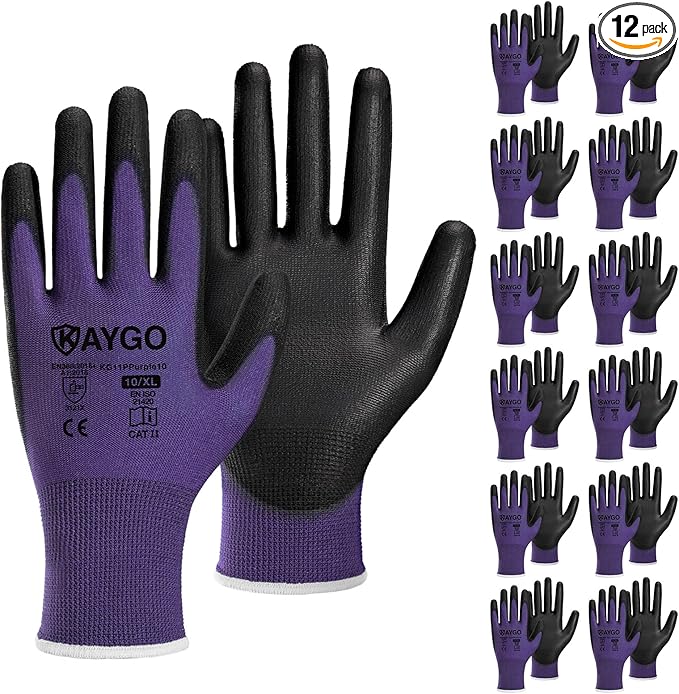 KAYGO Safety Work Gloves PU Coated,12 Pairs KG11PB Seamless Knit Glove for Men and Women, with Smooth Grip on Palm and Fingers, Ideal for General Duty Work (XL, Purple)