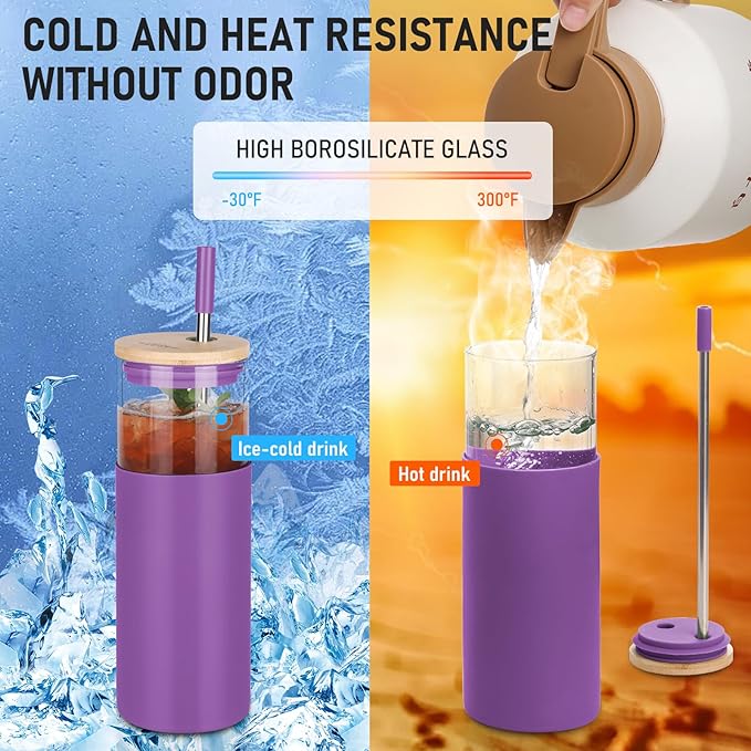 1Pack Glass Tumbler/Lid & Straw - 24oz Reusable Glass Mug w/Bamboo Lid & Stainless Steel Straw-BPA-Free Leak-Proof, Dishwasher Safe for Coffee, Smoothies, Hot Beverage, Travel, Office, Home Use