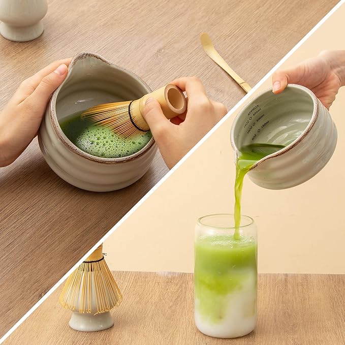 2pcs Matcha Bowl with Whisk Holder, Ceramic Grey Matcha Bowl with Spout, 16.5OZ Porcelain Bowl with Measurement Marks, Tea Mixing Bowl with Whisk Stand, Matcha Gift Set (grey)