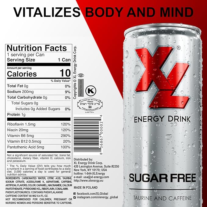 XL Energy Drinks Sugar Free 24 Pack - Sugar Free Energy Drinks with 80mg Caffeine plus Taurine & B Vitamins - Improve Performance with Zero Sugar Energy Drinks, XL Suagr Free Low Calories Drinks & Beverages