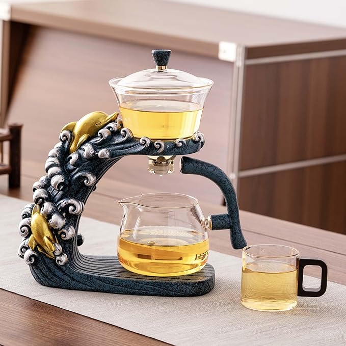 Glass Teapot Set with Infuser Semi Automatic Tea Set Magic Teapot (Dolphins)