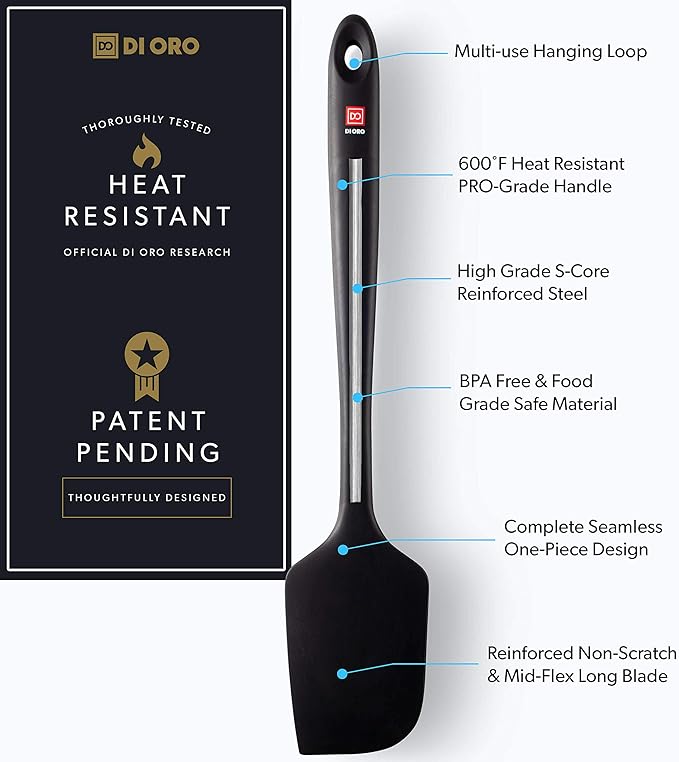 DI ORO Seamless Series Pro 14 Inch Extra Large Silicone Spatula - 600°F Heat-Resistant Rubber Spatula - Great for Baking, Cooking, and Scraping - BPA Free and LFGB Certified Food Safe Silicone (Black)