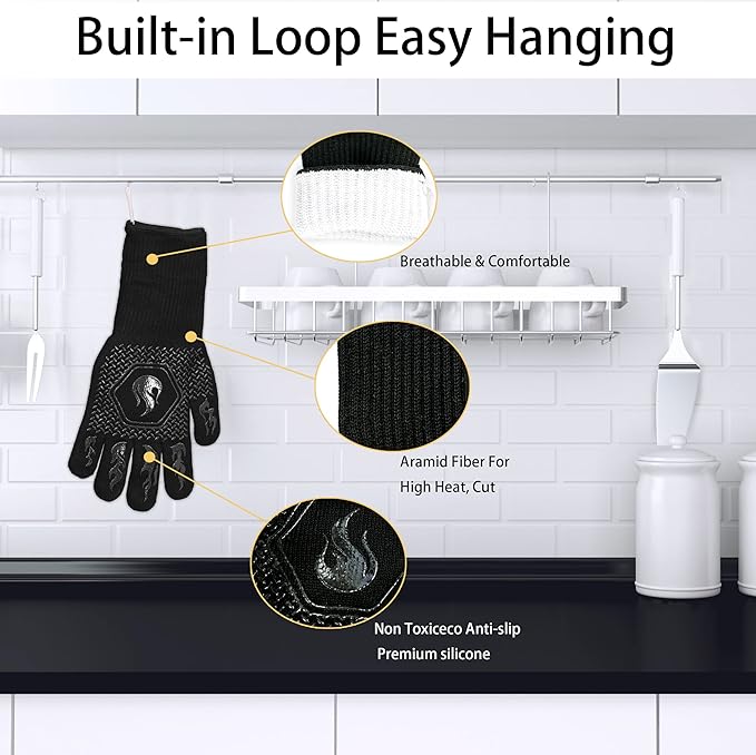 BBQ Fireproof Gloves, Grill Cut-Resistant Gloves 1472°F Heat Resistant Gloves, Non-Slip Silicone Oven Gloves, Kitchen Safe Cooking Gloves for Oven Mitts,Barbecue,Cooking, Frying, Black（2 Pairs）