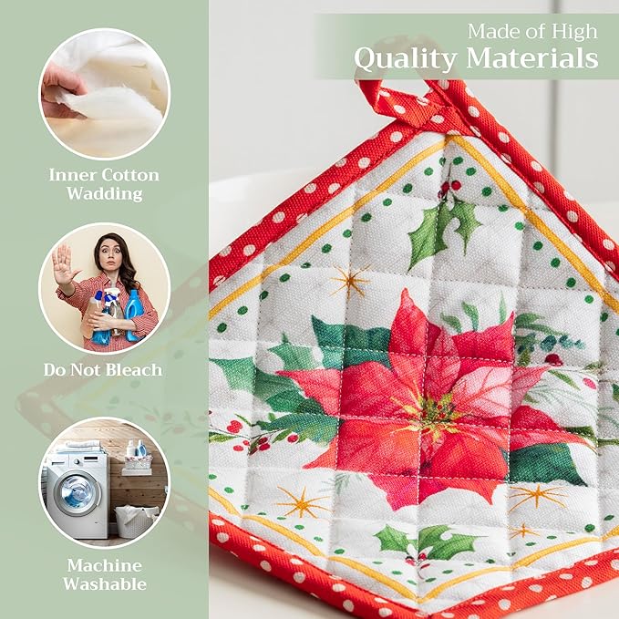 Maison d' Hermine Pot Holders 100% Cotton Heat Resistant Potholders 8" x 8" Hot Pads with Loop BBQ, Cooking, Baking, Grilling, Kitchen, Handling Hot Pans (Pack of 1, Poinsettia Christmas)