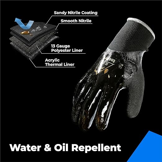 Waterproof Gloves Bulk Pack for Men and Women, 3 Pairs, Freezer Gloves with Grip, Double Nitrile Dipped for Extreme Oil Repellent, for Construction, Mechanics, Mining, Plumbing, Black, XX-Large