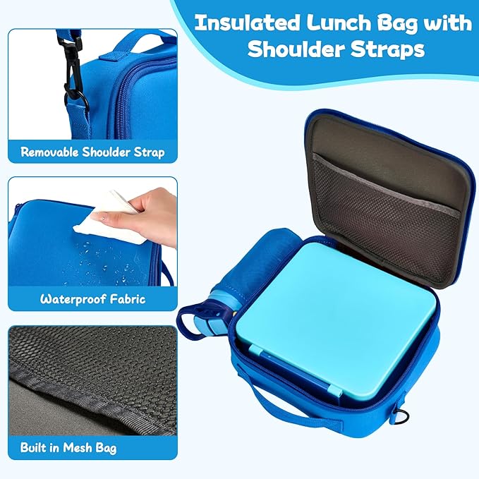 Kids Bento Lunch Box with 8oz Soup Thermo, Water Bottle, Kids Leakproof Lunch Food Containers with 4 Compartment, Insulated Hot Food Jar with Lunch Bag for School, Trvael (Blue)