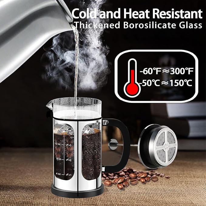 French Press Coffee Maker (21oz 600ML 3-4Cup) Coffee Press, with 4 Filters System, Heat Resistant Thickness Borosilicate Glass, Cold Brew Coffee Tea Pot Gifts (Silvery)