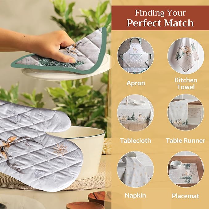 Maison d' Hermine 100% Cotton Oven Mitt & Pot Holder Set (7.5"x13" & 8"x8") Heat Resistant BBQ Cooking Gloves with Loop, Baking, Grilling, Kitchen, Handling Hot Pans (Deer in The Woods)