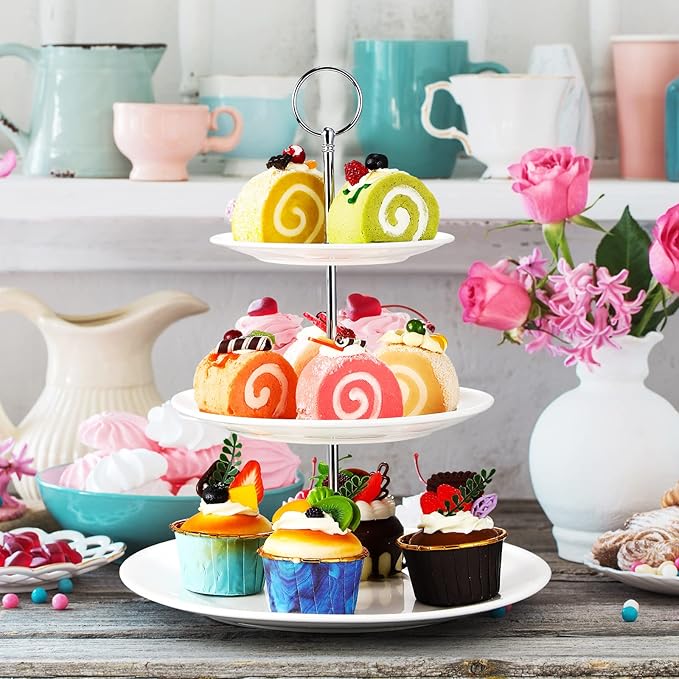 Tatuo 2 Pcs 3 Tier Porcelain Cupcake Stand, Cup Cake Holder Tower, Pastry Serving Elegant Dessert White Ceramic Tiered Stand for Wedding, Birthday, Tea Party(Delicate Round Shape)