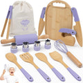 Wooden Kids Cooking Set Montessori Kit - Real Toddler Kitchen Tools & Baking Utensils - 15PCS Cooking Kit for Kids with Storage Bag, Great Gift for Pretend Play & Montessori Learning (Purple)