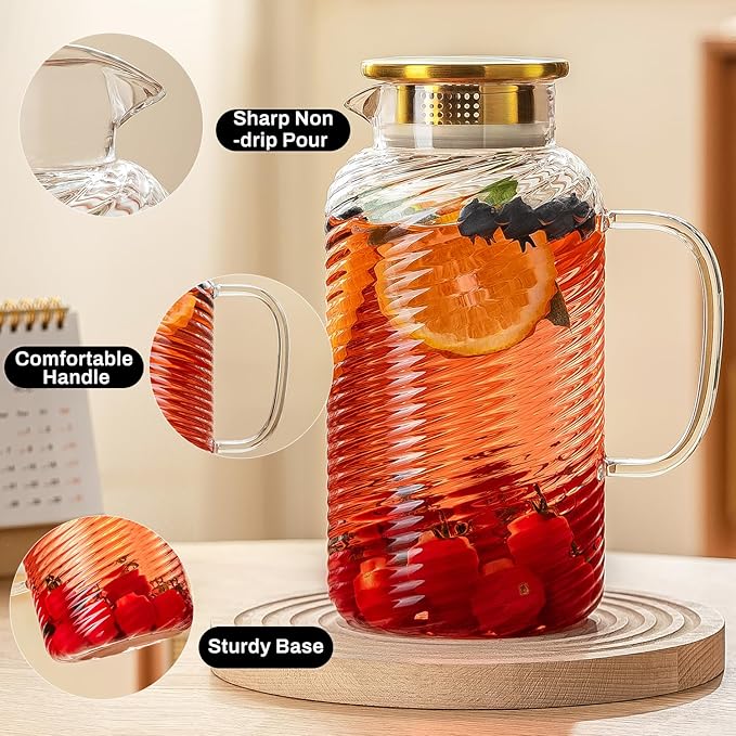 2 PACK Glass Pitcher with Lid, 68 oz/ 2 Liter Spiral Pattern Water Pitcher,Glass Water Carafe for Cold Brew, Coffee, Lemonade, Iced Sun Tea,Beverage, Milk, Heat Resistant
