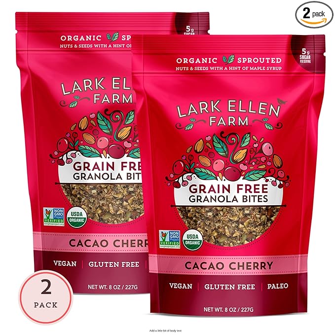 Lark Ellen Farm Cacao Cherry Grain-Free Granola Clusters, Organic Vegan Nut and Seed Mix, Gluten-Free Crunchy Bites for Snack, Breakfast, or Yogurt, 8 oz, 2 Pack