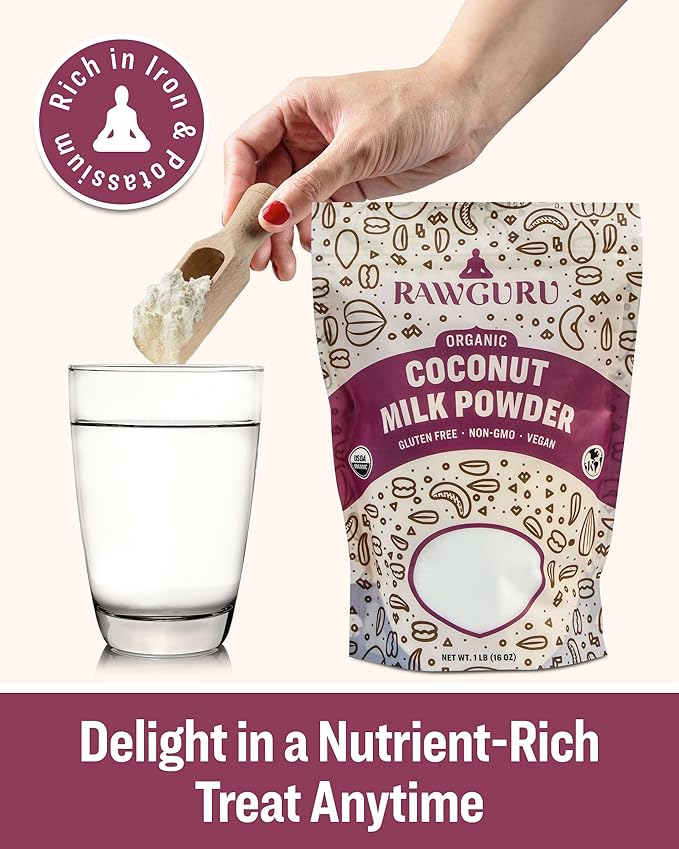 RawGuru Organic Coconut Milk Powder - Vegan & Nutrient-Dense Powder with Iron & Potassium - Rich & Creamy Organic Milk for Drinking or Baking - 16 oz, Pack of 2