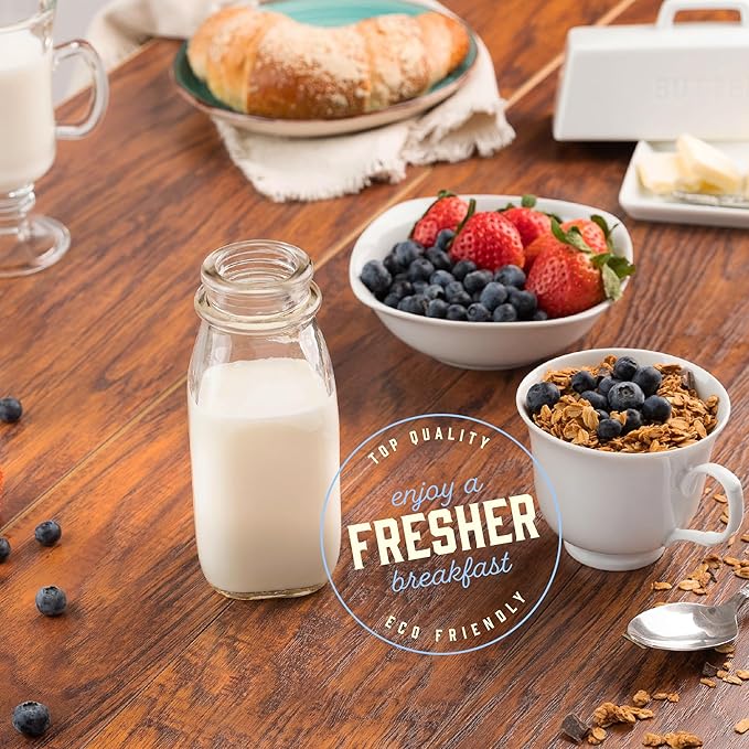 kitchentoolz 12 Oz Square Glass Milk Bottles with Lids (4 Pack) – Reusable Glass Creamer Bottles for Milk, Juice, and More – Includes Tamper-Proof Caps and One Silicone Pour Spout