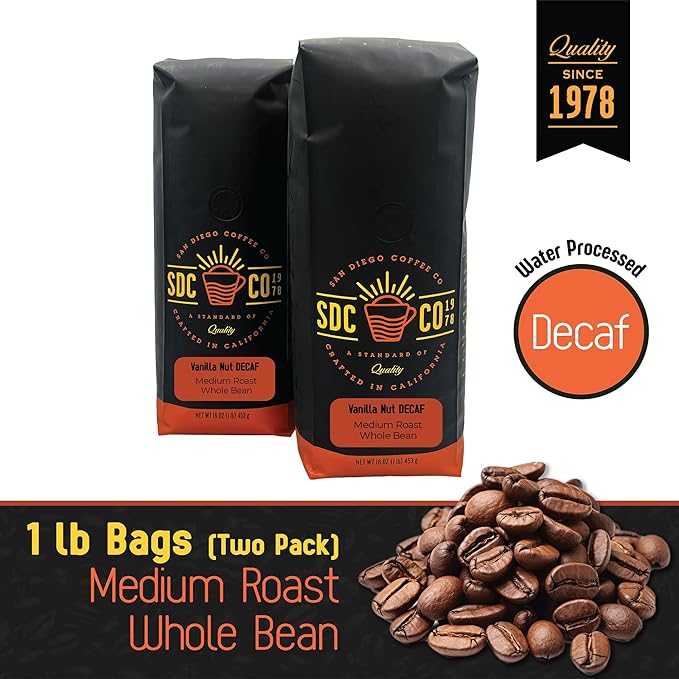 San Diego Coffee DECAF Vanilla Nut, Medium Roast, Whole Bean Coffee, 16-Ounce Bags (Pack of 2) Café en grano tostado descafeinado