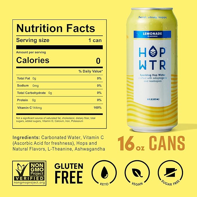 HOP WTR - Sparkling Hop Water - Lemonade (12 Pack) - No Calories or Sugar, Low Carb and Added Benefits (16 oz Cans)