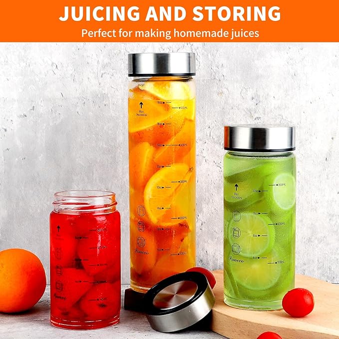 Glass Juice Bottles 6 Pack 12 oz - Wide Mouth Glass Water Bottles with Lids - for Juicing, Protein, Smoothie, Milk, Reusable, BPA Free, Stainless Steel Lids, Blender, Shaker Bottle [12oz/400ml]