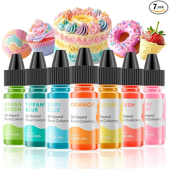 Oil Based Food Coloring for Chocolate Macaron Oil Edible Food Dye Set for Baking Royal Icing Cookie Supplies Gluten Free 7x6ml Food Grade Food Color Kit, 0.25 Fl. Oz/Bottles