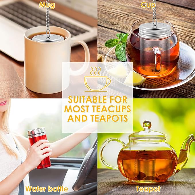 Tea Infuser Strainers with Drip Tray 304 Stainless Steel Tea Filter Strainer with Chain Hook Fine Mesh Tea Infuser Steeper Reusable Tea Strainers Easy to Use for Loose Tea Mulling Spices (Silver 4PCS)