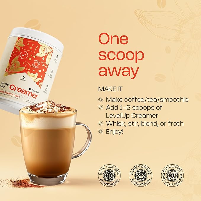 LevelUp Creamer, with Energizing MCT Oil and Collagen Peptides, Keto Coffee Creamer, Supports Natural Energy & Ketone Production - Original (Unsweetened) 7 oz