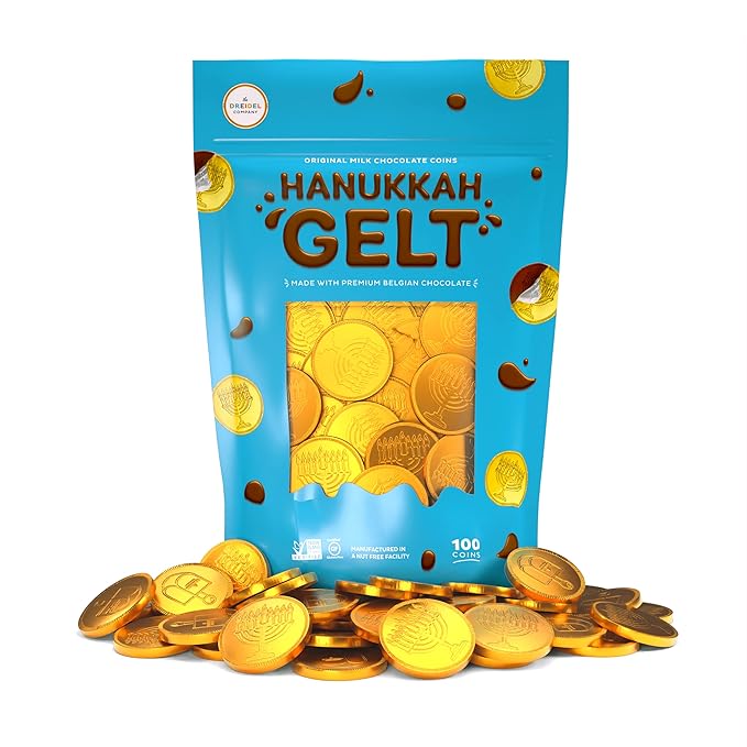 The Dreidel Company 100-Pack Chocolate Coins, Hanukkah Gelt, Gold Coins,With Dreidel and Menorah Designs Made with Belgian Ingredients, Gluten Free, Non GMO, Nut-Free, Kosher Certified