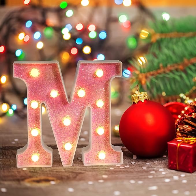 Foaky Pink Light up Letters，Pink Party Decorations,Girls Room Decor,Glitter Light Up Letters,Alphabet Letter Sign for Night Light Birthday Party Girls Gifts, Home Bar Decoration（T）