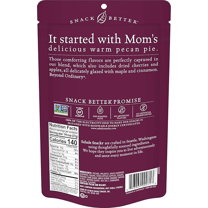 Sahale Snacks Maple Pecans Glazed Mix, 4 oz Pouches (6 Packs) Dry-Roasted, Deluxe Mixed Nuts with Cherries, Apples, Maple, and Cinnamon - Non-GMO, Kosher, and Certified Gluten-Free Snacks