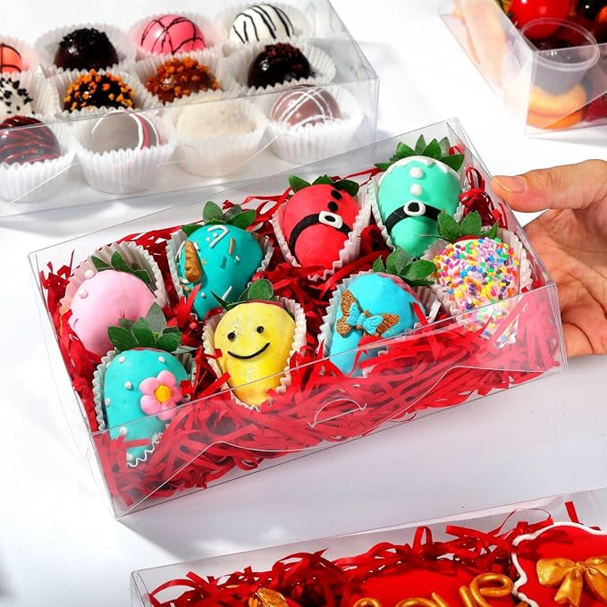 RomanticBaking 50PCS 8x5x2 Inch Full Clear Cookies Boxes Strawberry Boxes Bakery Boxes Cakesickle boxes Chocolate Truffle Boxestreat boxes
