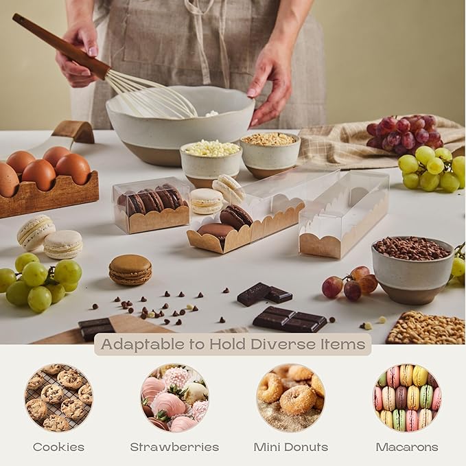 Pack of 25 Macaron Boxes with Clear Window (For 7) - Ideal for Gift Packaging or Strawberry - 7.48 x 1.96 x 1.96 Inch Natural Brown