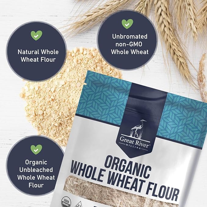 Great River Organic Milling Organic Whole Wheat Flour | Unbleached & Unbromated | High Protein & Fiber | Non-GMO, Kosher | Perfect for Sourdough, Bread, Rolls & Baking | 5 Lb