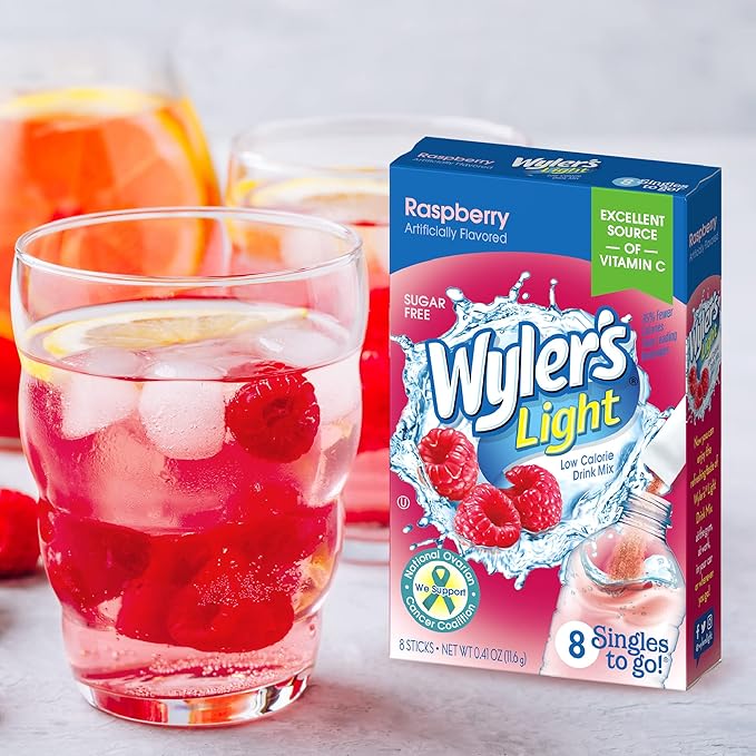 Wyler's Light Singles To Go Powder, Water Drink Mix, Raspberry, 8 per Box, 96 total Packets (Pack of 12)