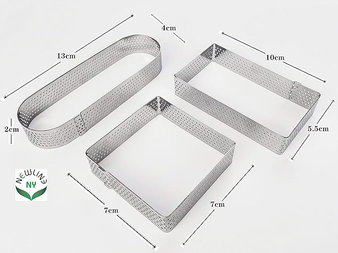 NewlineNY Stainless Steel 6 Pcs Perforated Oval, Rectangular, Square Tart Rings Molding Plating: 2 of each (5" x 1.5") + (4" x 1.5") + (2.8" square) x (0.8" H) Sizes