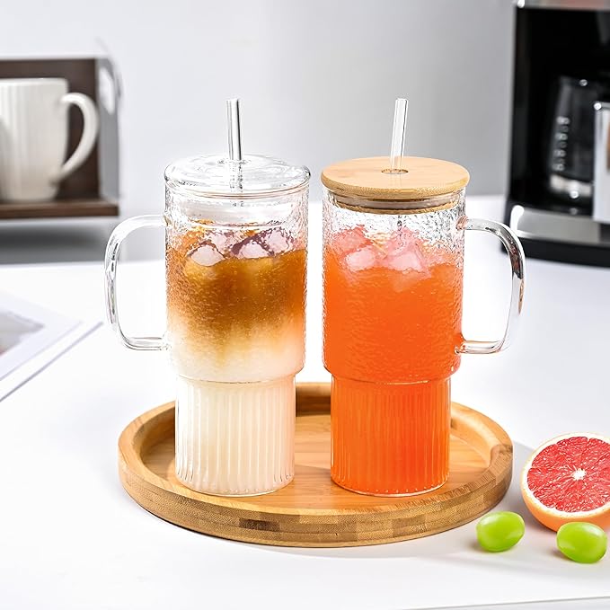 32oz Glass Cups with Handle Lids and Straws, Borosilicate Glass Tumblers for Iced Coffee, Smoothies, Fruit Drinks. Reuseable Glasses Cups for Cold/Hot Water (glass lid 1 pack)