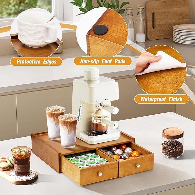 15.8"L X 11.8"W X 4"H Wooden K cup Holder, Coffee Pod Organizer Storage Box, Desktop Kitchen Storage with 2 Drawers, 30/40/60 Pod Capacity, Natural