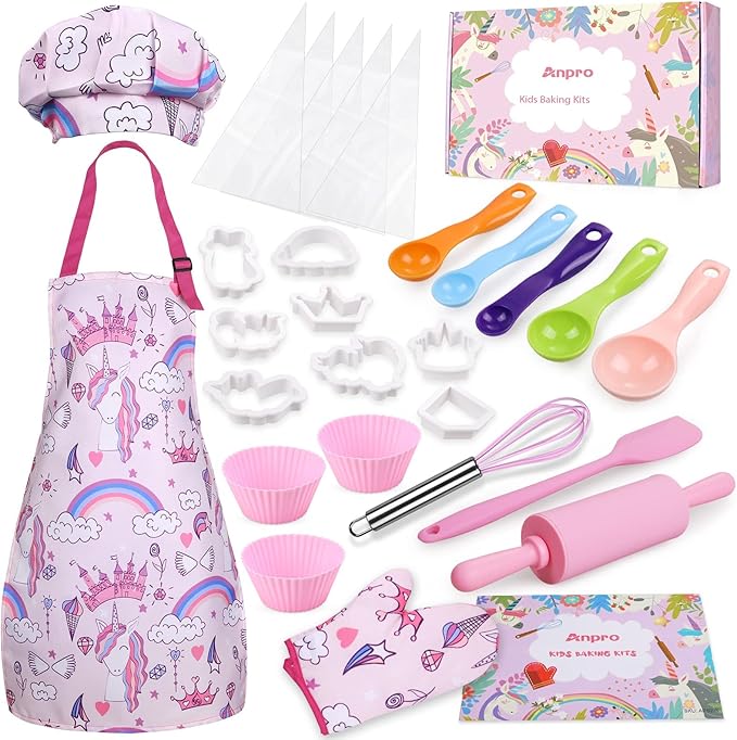 Anpro Complete Kids Cooking and Baking Set - 27 Pcs Includes Aprons for Girls, Chef Hat, Mitt & Utensil to Dress Up Chef Costume Career Role Play for 3-7 Years Girls