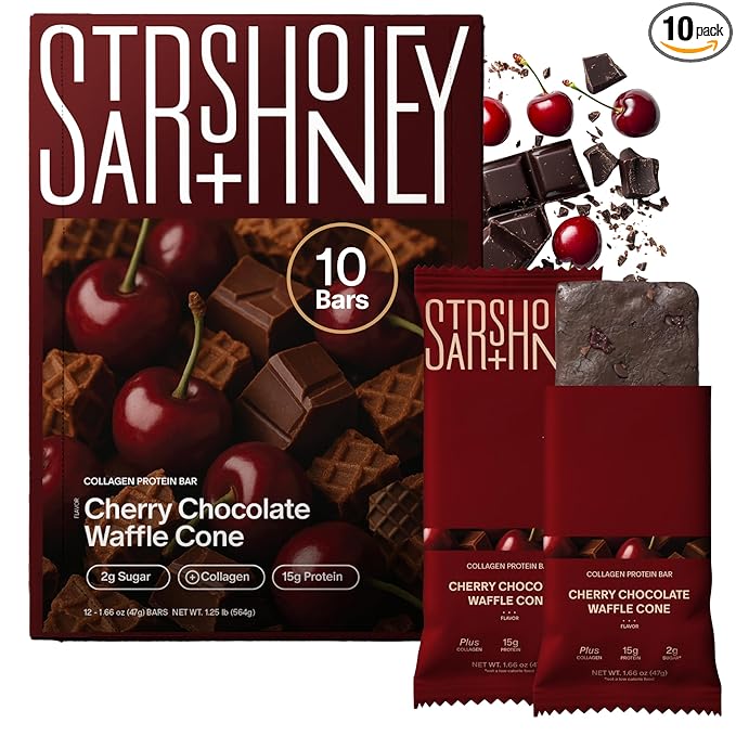 Stars + Honey Protein Bars- Cherry Chocolate Waffle Cone,15g Protein, 2g Sugar, w/Collagen Keto Friendly Snack - Gluten, Dairy, & Soy Free - High-Protein Snacks for Energy & Recovery-10 pack